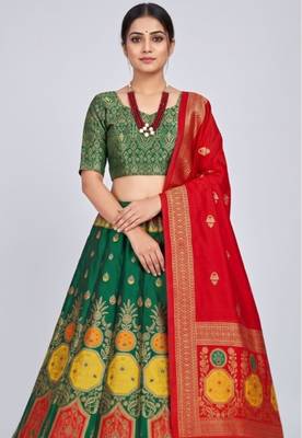 Green Readymade Silk Blend Banarasi Lehenga Choli Set with Dupatta 2