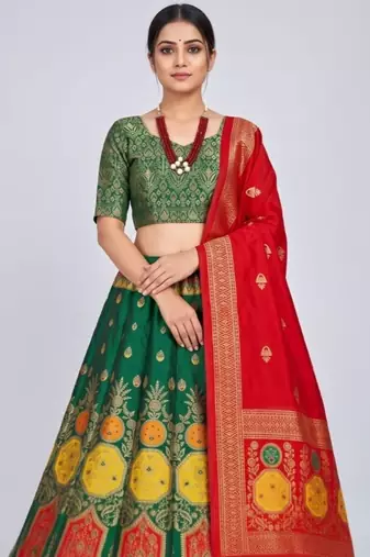 Green Readymade Silk Blend Banarasi Lehenga Choli Set with Dupatta
