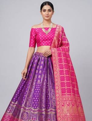 Purple Readymade Silk Blend Banarasi Lehenga Choli Set with Dupatta 2