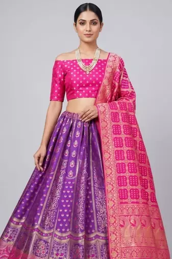 Purple Readymade Silk Blend Banarasi Lehenga Choli Set with Dupatta