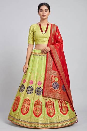Green Readymade Silk Blend Banarasi Lehenga Choli Set with Dupatta