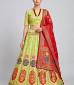 Green Readymade Silk Blend Banarasi Lehenga Choli Set with Dupatta