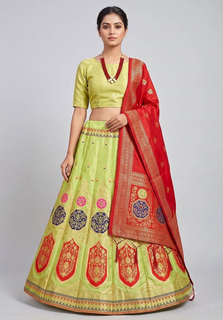 Green Readymade Silk Blend Banarasi Lehenga Choli Set with Dupatta
