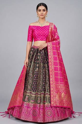 Black Readymade Silk Blend Banarasi Lehenga Choli Set with Dupatta