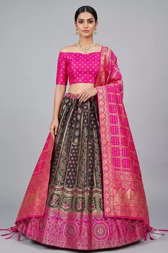 Black Readymade Silk Blend Banarasi Lehenga Choli Set with Dupatta