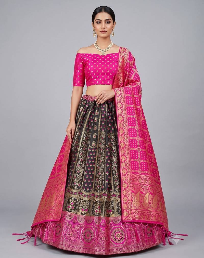 Black Readymade Silk Blend Banarasi Lehenga Choli Set with Dupatta