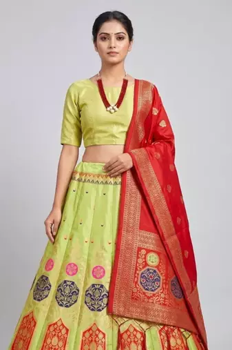 Green Readymade Silk Blend Banarasi Lehenga Choli Set with Dupatta