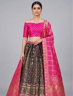Black Readymade Silk Blend Banarasi Lehenga Choli Set with Dupatta 2