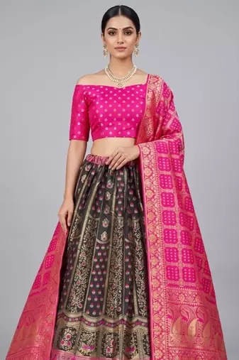 Black Readymade Silk Blend Banarasi Lehenga Choli Set with Dupatta