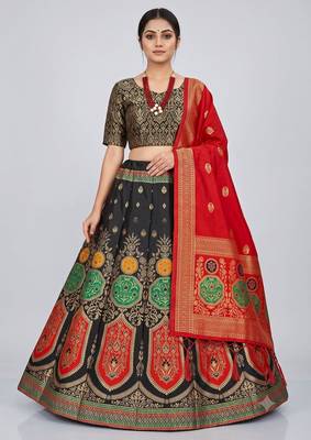 Black Readymade Silk Blend Banarasi Lehenga Choli Set with Dupatta 1