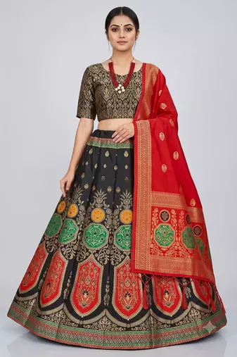 Black Readymade Silk Blend Banarasi Lehenga Choli Set with Dupatta