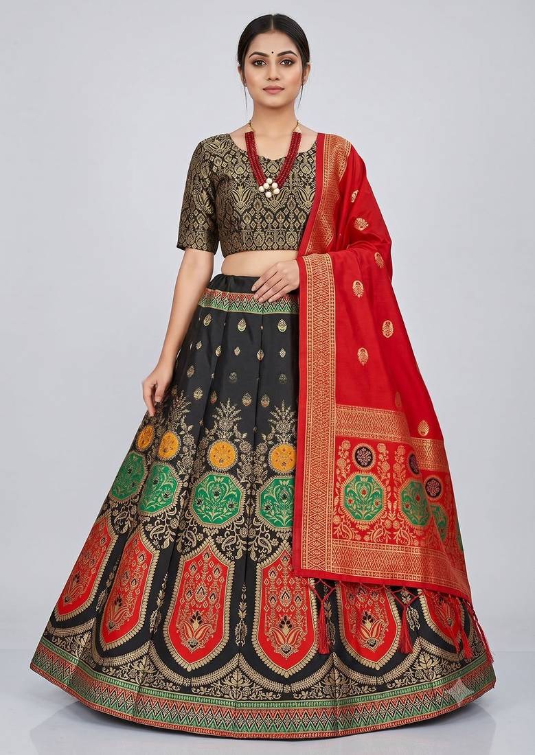 Black Readymade Silk Blend Banarasi Lehenga Choli Set with Dupatta
