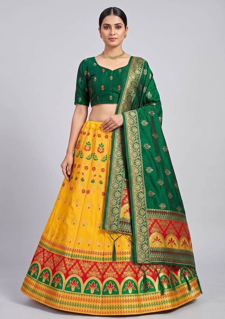 Yellow Readymade Silk Blend Banarasi Lehenga Choli Set with Dupatta
