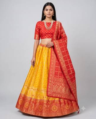 Yellow Readymade Silk Blend Banarasi Lehenga Choli Set with Dupatta 1
