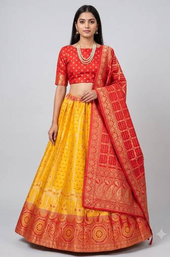 Yellow Readymade Silk Blend Banarasi Lehenga Choli Set with Dupatta