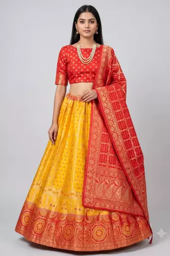 Yellow Readymade Silk Blend Banarasi Lehenga Choli Set with Dupatta