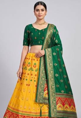Yellow Readymade Silk Blend Banarasi Lehenga Choli Set with Dupatta 2