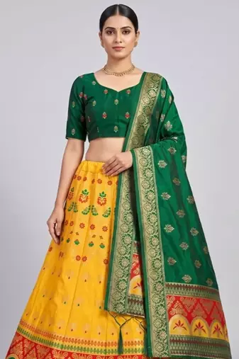 Yellow Readymade Silk Blend Banarasi Lehenga Choli Set with Dupatta