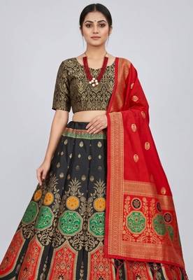 Black Readymade Silk Blend Banarasi Lehenga Choli Set with Dupatta 2