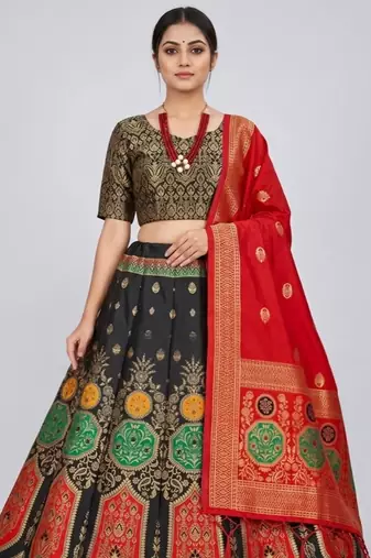 Black Readymade Silk Blend Banarasi Lehenga Choli Set with Dupatta