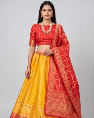Yellow Readymade Silk Blend Banarasi Lehenga Choli Set with Dupatta 2