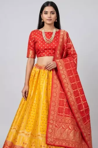 Yellow Readymade Silk Blend Banarasi Lehenga Choli Set with Dupatta