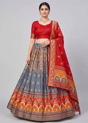 Grey Readymade Silk Blend Banarasi Lehenga Choli Set with Dupatta 1