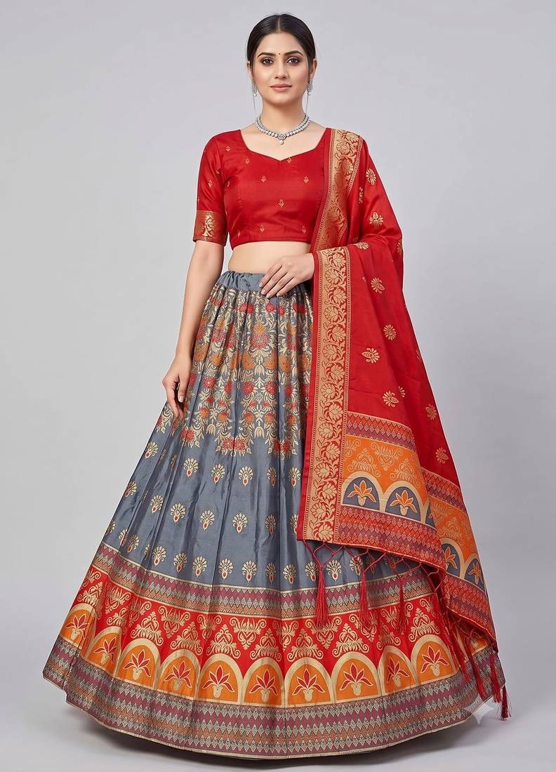 Grey Readymade Silk Blend Banarasi Lehenga Choli Set with Dupatta