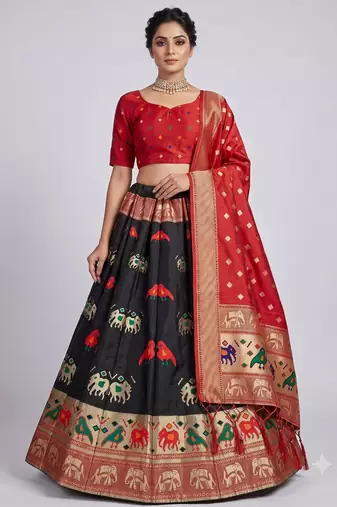 Black Readymade Silk Blend Banarasi Lehenga Choli Set with Dupatta