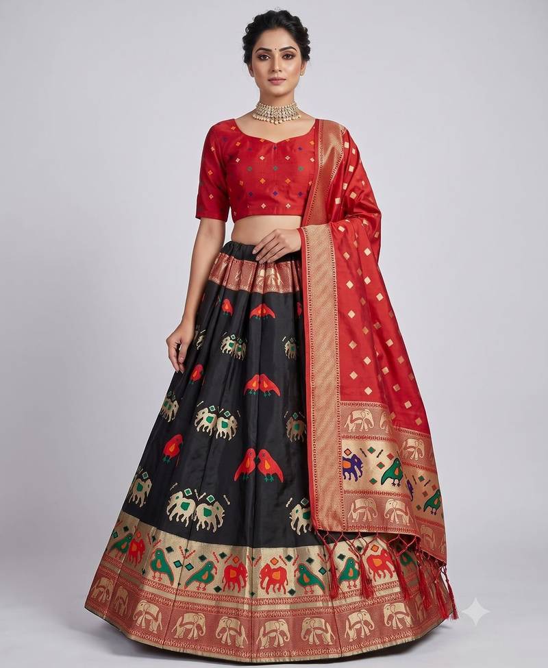 Black Readymade Silk Blend Banarasi Lehenga Choli Set with Dupatta