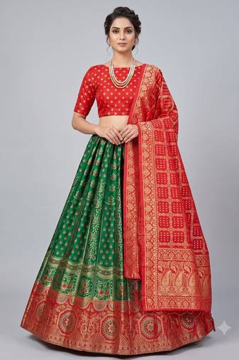 Green Readymade Silk Blend Banarasi Lehenga Choli Set with Dupatta