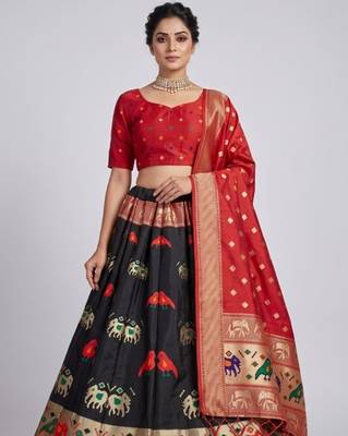 Black Readymade Silk Blend Banarasi Lehenga Choli Set with Dupatta 2