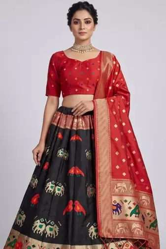 Black Readymade Silk Blend Banarasi Lehenga Choli Set with Dupatta