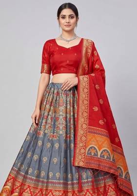 Grey Readymade Silk Blend Banarasi Lehenga Choli Set with Dupatta 2