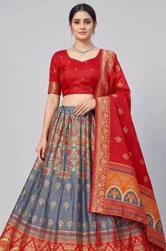 Grey Readymade Silk Blend Banarasi Lehenga Choli Set with Dupatta