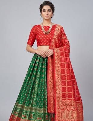 Green Readymade Silk Blend Banarasi Lehenga Choli Set with Dupatta 2