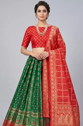 Green Readymade Silk Blend Banarasi Lehenga Choli Set with Dupatta