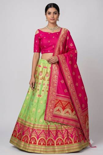 Green Readymade Silk Blend Banarasi Lehenga Choli Set with Dupatta