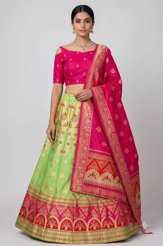 Green Readymade Silk Blend Banarasi Lehenga Choli Set with Dupatta