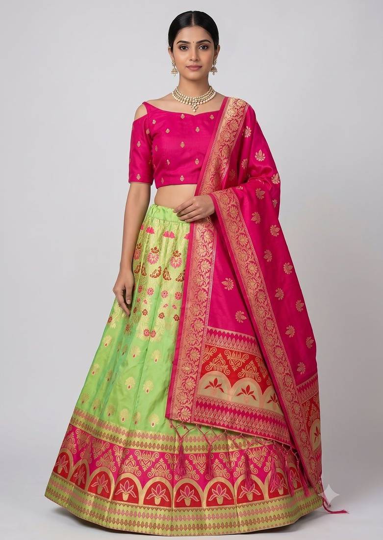 Green Readymade Silk Blend Banarasi Lehenga Choli Set with Dupatta