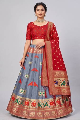 Grey Readymade Silk Blend Banarasi Lehenga Choli Set with Dupatta