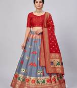 Grey Readymade Silk Blend Banarasi Lehenga Choli Set with Dupatta