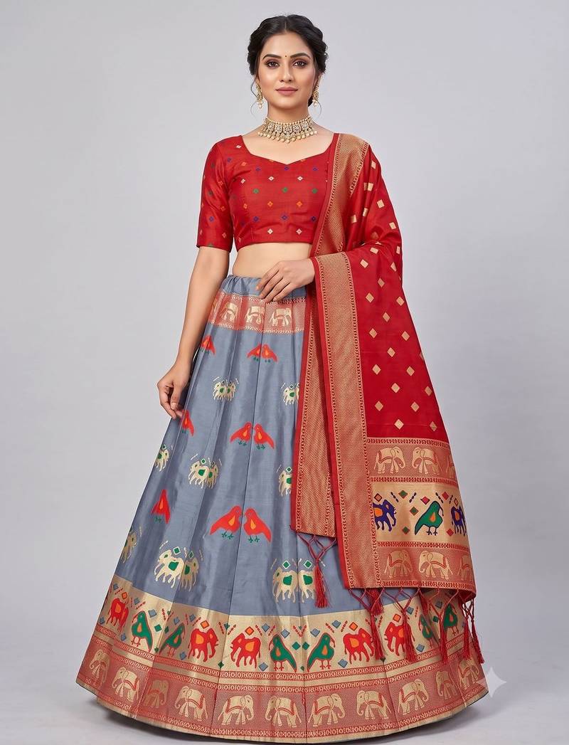 Grey Readymade Silk Blend Banarasi Lehenga Choli Set with Dupatta