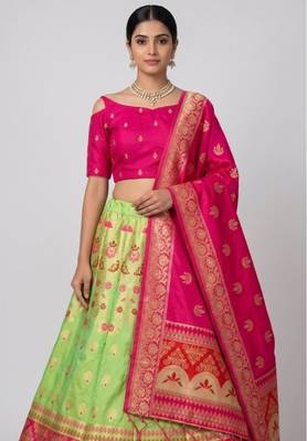 Green Readymade Silk Blend Banarasi Lehenga Choli Set with Dupatta 2