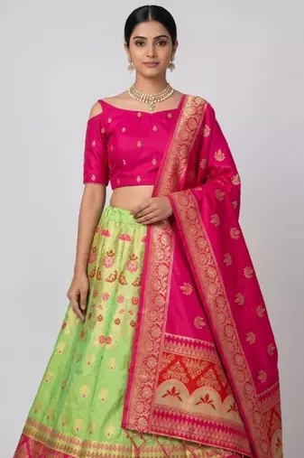 Green Readymade Silk Blend Banarasi Lehenga Choli Set with Dupatta