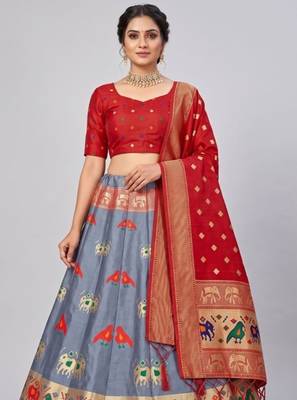 Grey Readymade Silk Blend Banarasi Lehenga Choli Set with Dupatta 2