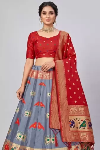 Grey Readymade Silk Blend Banarasi Lehenga Choli Set with Dupatta