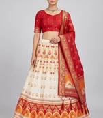 Cream Readymade Silk Blend Banarasi Lehenga Choli Set with Dupatta