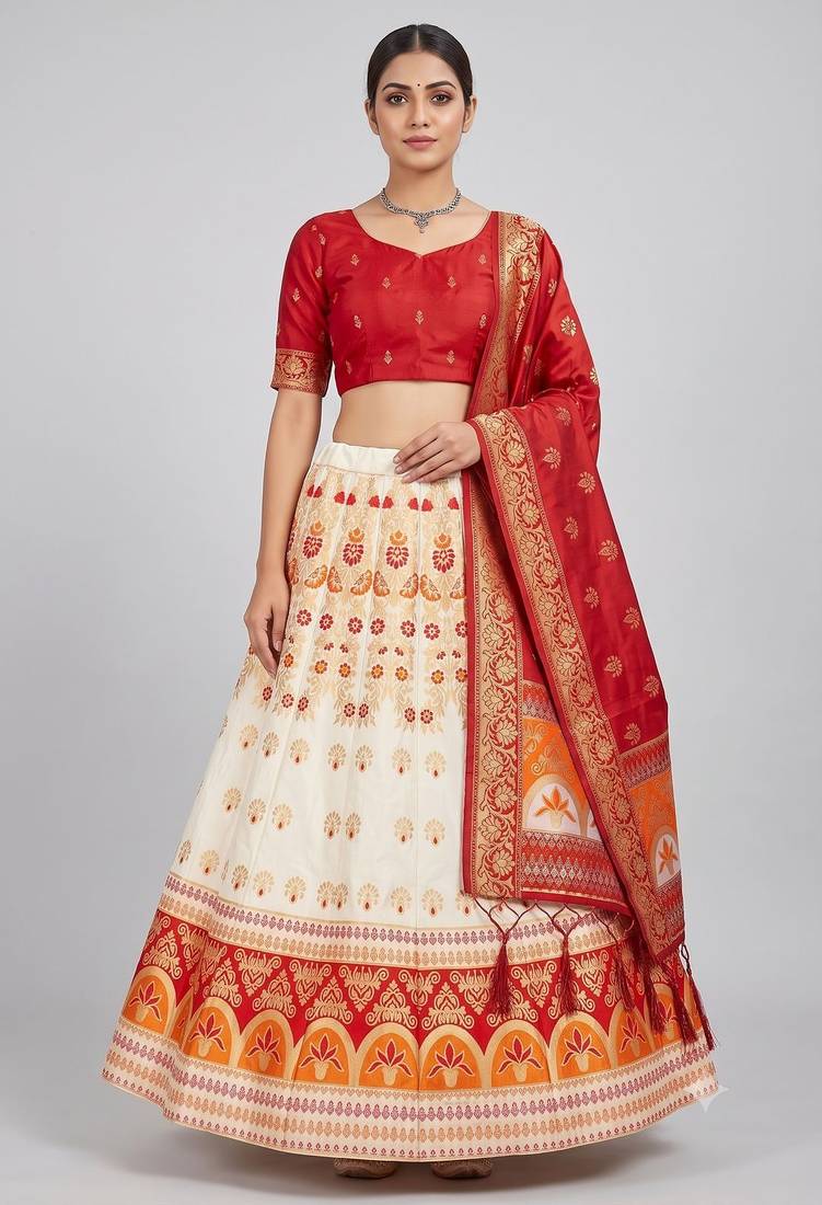 Cream Readymade Silk Blend Banarasi Lehenga Choli Set with Dupatta