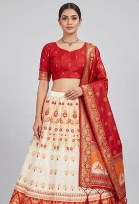 Cream Readymade Silk Blend Banarasi Lehenga Choli Set with Dupatta 2